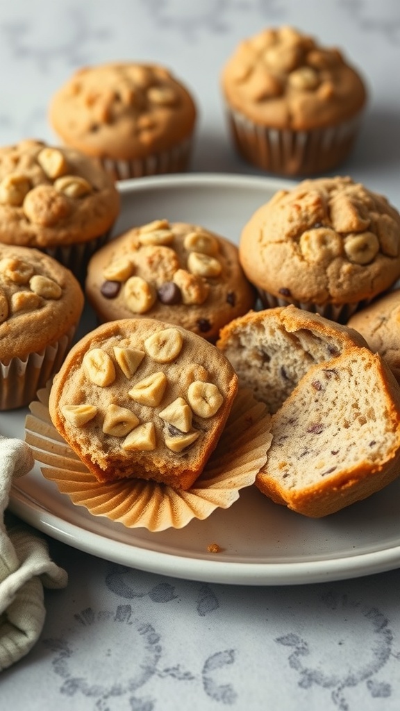 A plate of high fiber banana muffins, some with chocolate chips and others with banana slices, showcasing their soft texture.