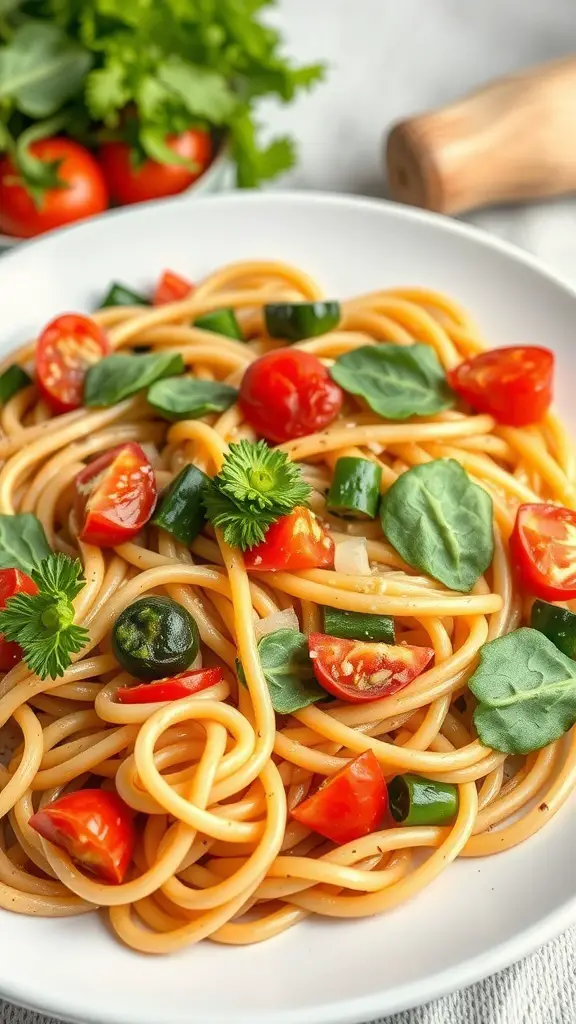 A plate of whole wheat pasta primavera with cherry tomatoes, green peppers, and fresh herbs.