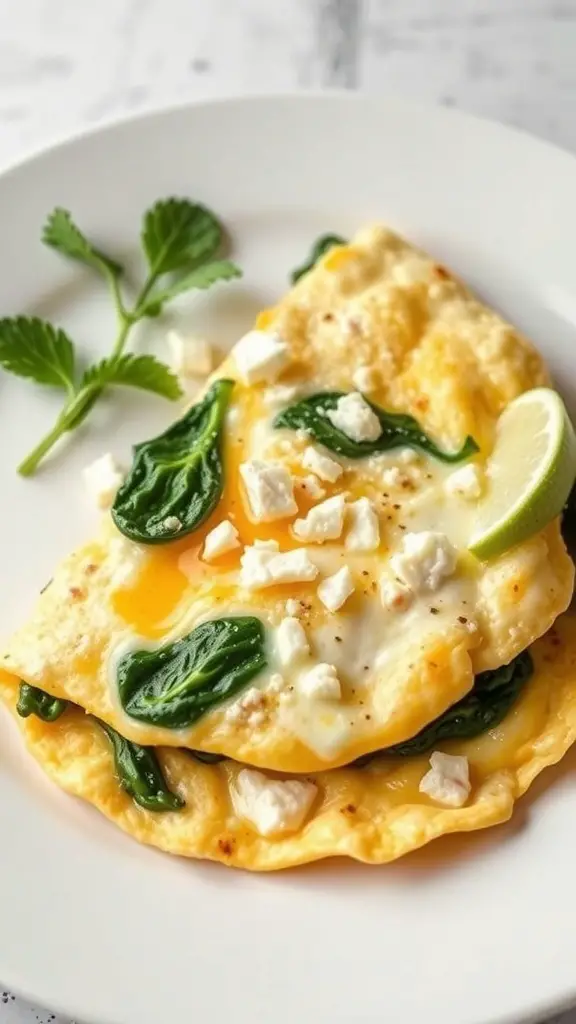 A delicious egg white omelette filled with spinach and feta cheese, garnished with a slice of lemon and fresh herbs.