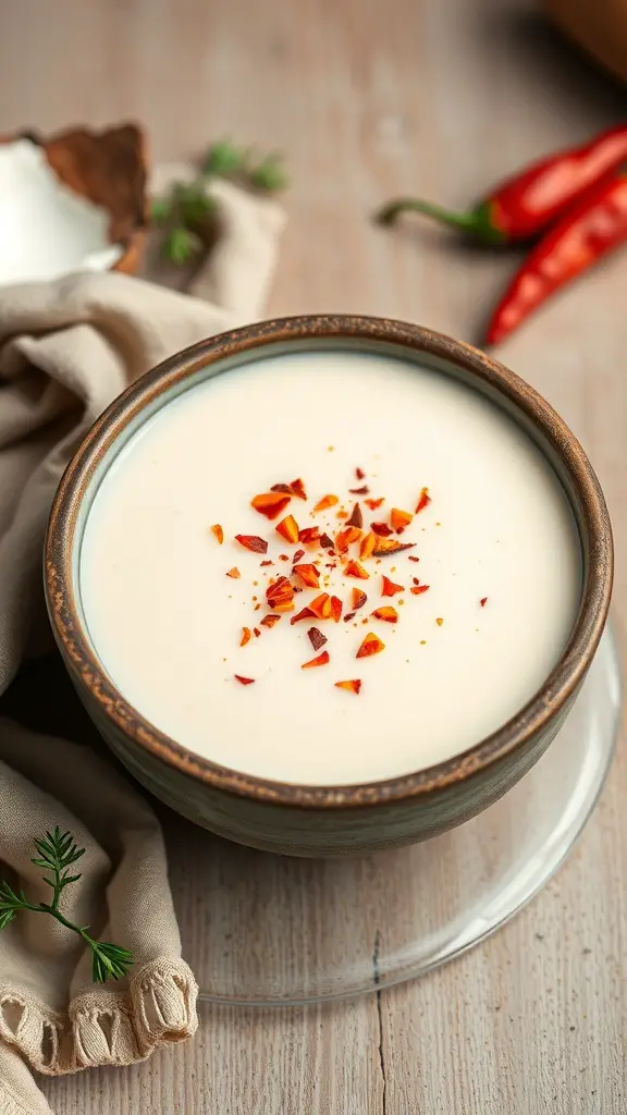 A bowl of creamy white sweet potato soup topped with red pepper flakes.
