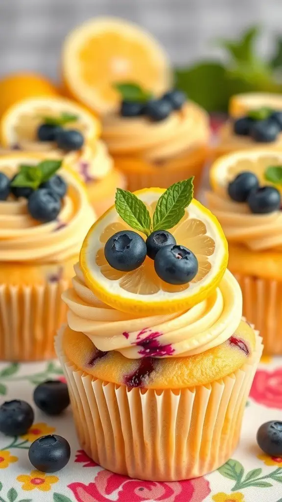 Lemon blueberry cupcakes with lemon slices and blueberries on top