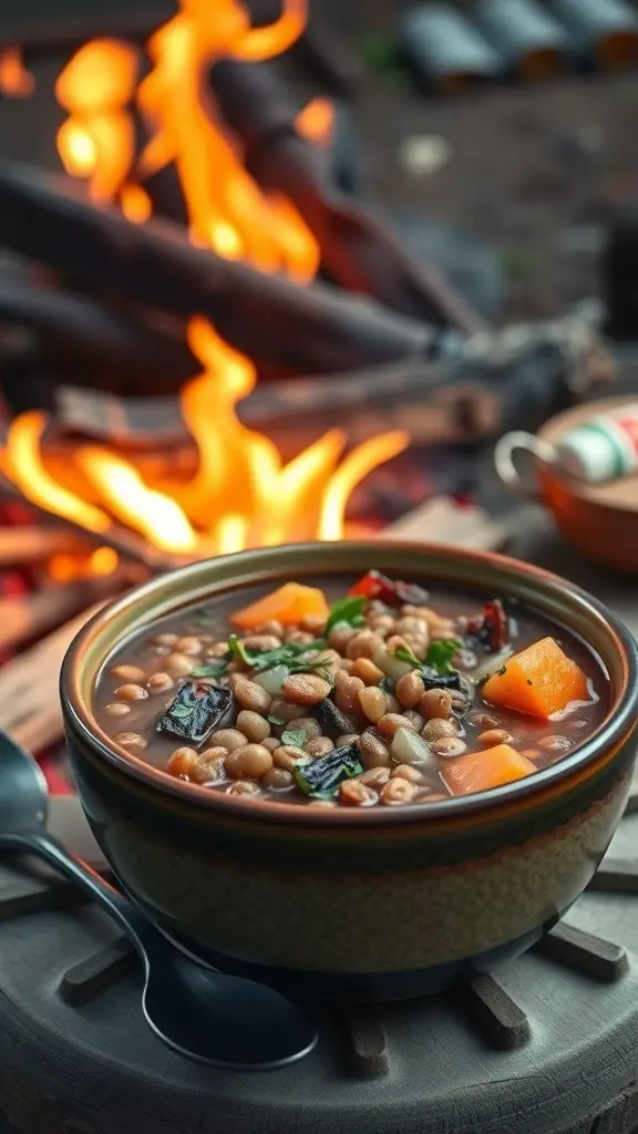 A bowl of hearty lentil stew with vegetables, sitting by a campfire.