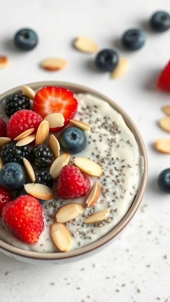 Chia seed pudding topped with berries and almonds in a bowl