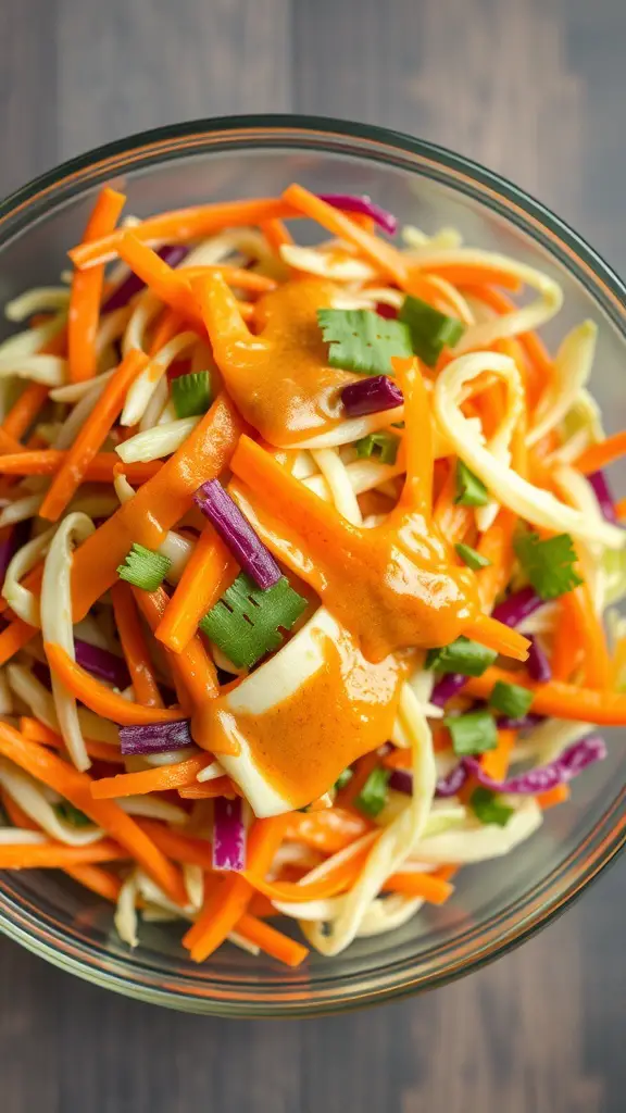 A colorful bowl of cabbage and carrot slaw topped with a creamy dressing and fresh herbs.