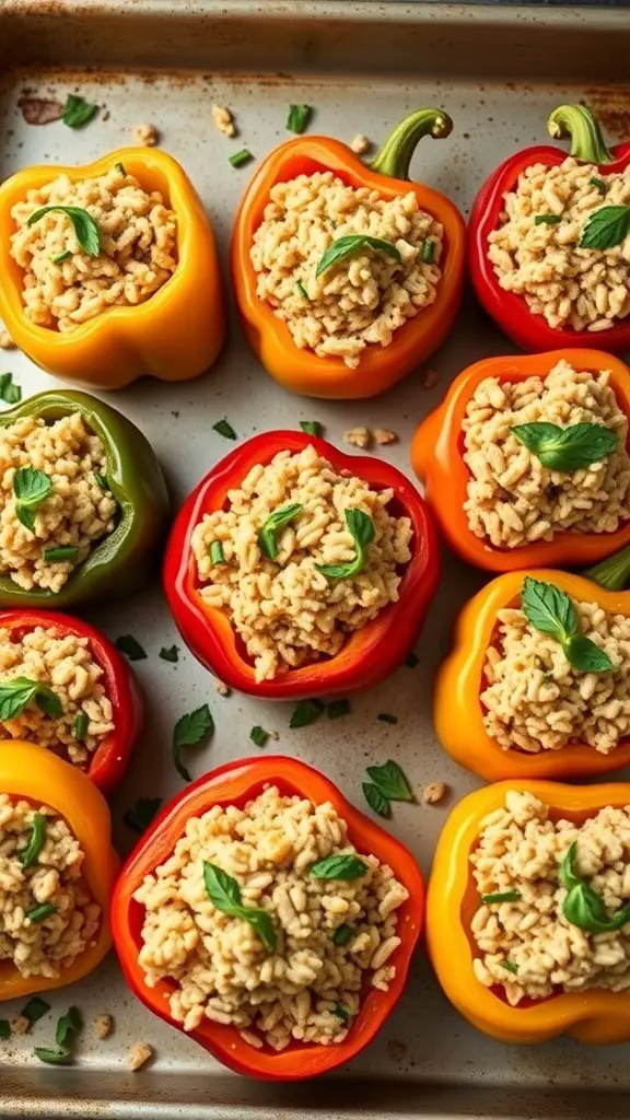 Colorful stuffed peppers filled with ground turkey and rice, garnished with herbs.