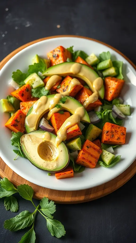 A vibrant salad featuring grilled sweet potatoes, avocado slices, cucumbers, and greens, drizzled with a light dressing.