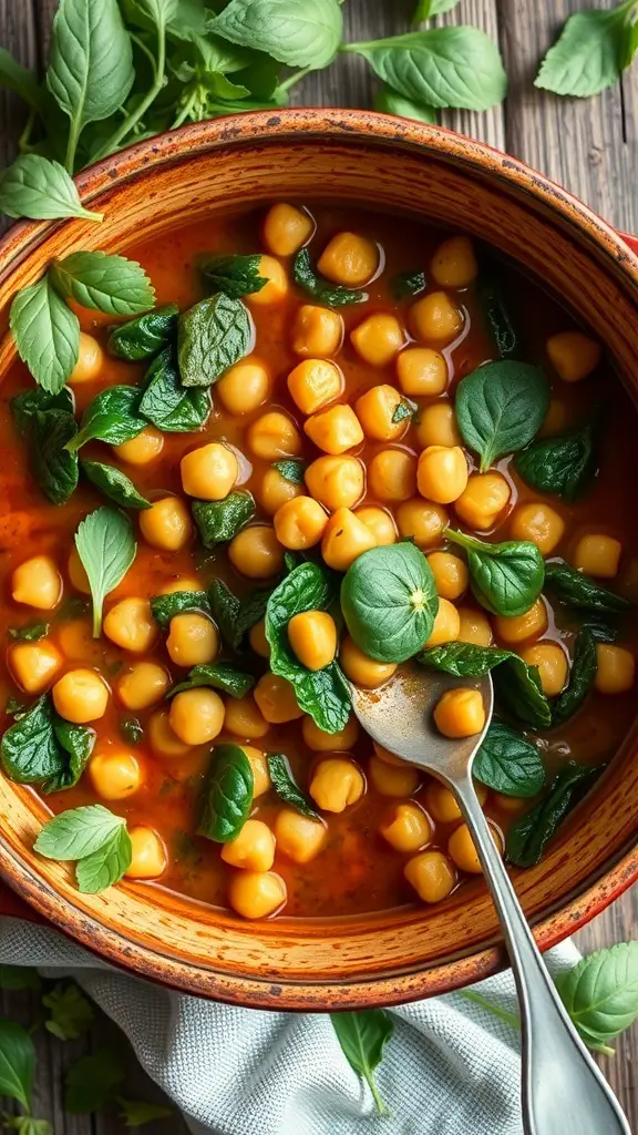 A bowl of Chickpea and Spinach Stew with fresh spinach leaves on the side.