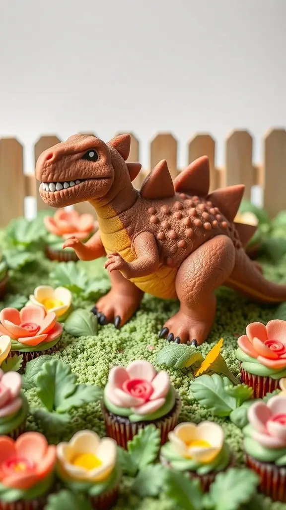 A stegosaurus figurine surrounded by colorful cupcakes decorated with flowers on a grassy base.