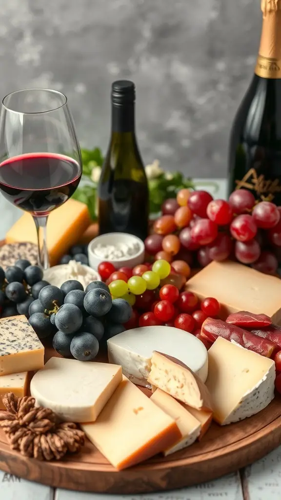 A wine and cheese pairing board featuring various cheeses, grapes, and a glass of red wine.
