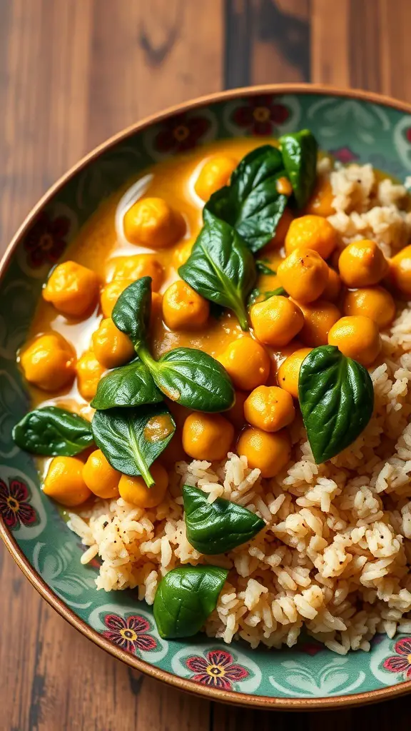 Chickpea and Spinach Curry served with rice in a decorative bowl.