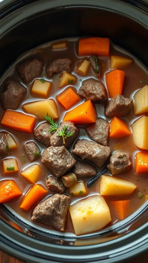 A hearty beef stew with root vegetables in a crockpot.