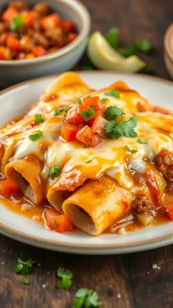 Plate of beef and potato enchiladas topped with cheese and fresh tomatoes