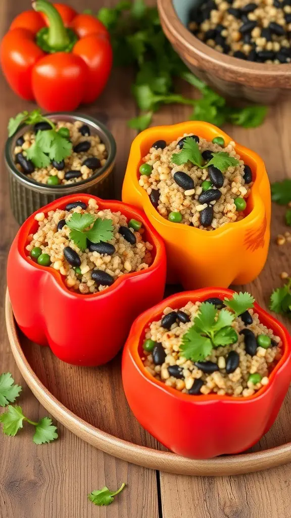 Colorful stuffed peppers filled with quinoa and black beans on a wooden table