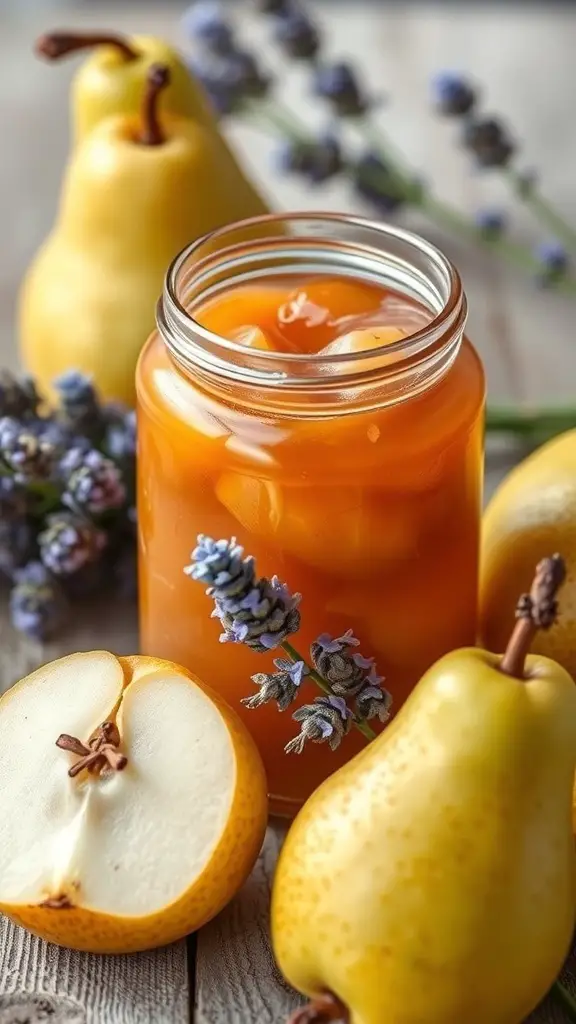 A jar of honey lavender pear jam surrounded by fresh pears and lavender sprigs.