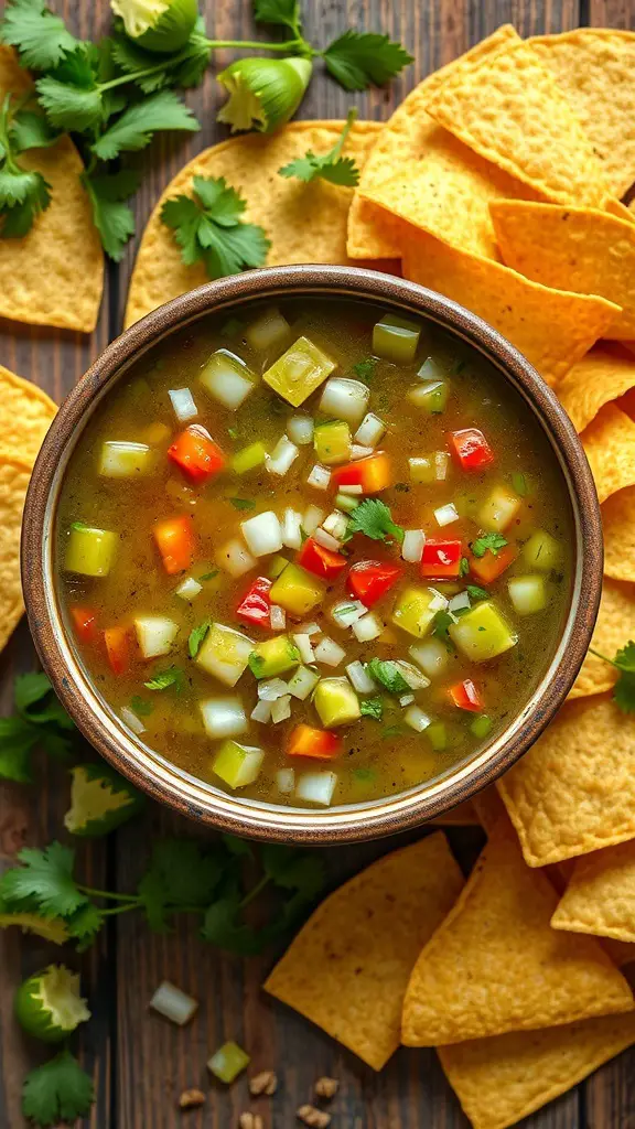 A bowl of green tomato salsa with diced vegetables and tortilla chips on the side.