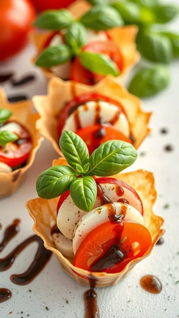 Phyllo cups filled with Caprese salad ingredients: tomatoes, mozzarella, and basil