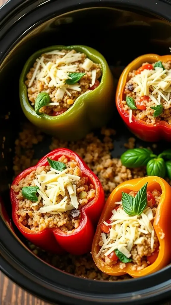 Colorful stuffed bell peppers filled with quinoa and topped with cheese