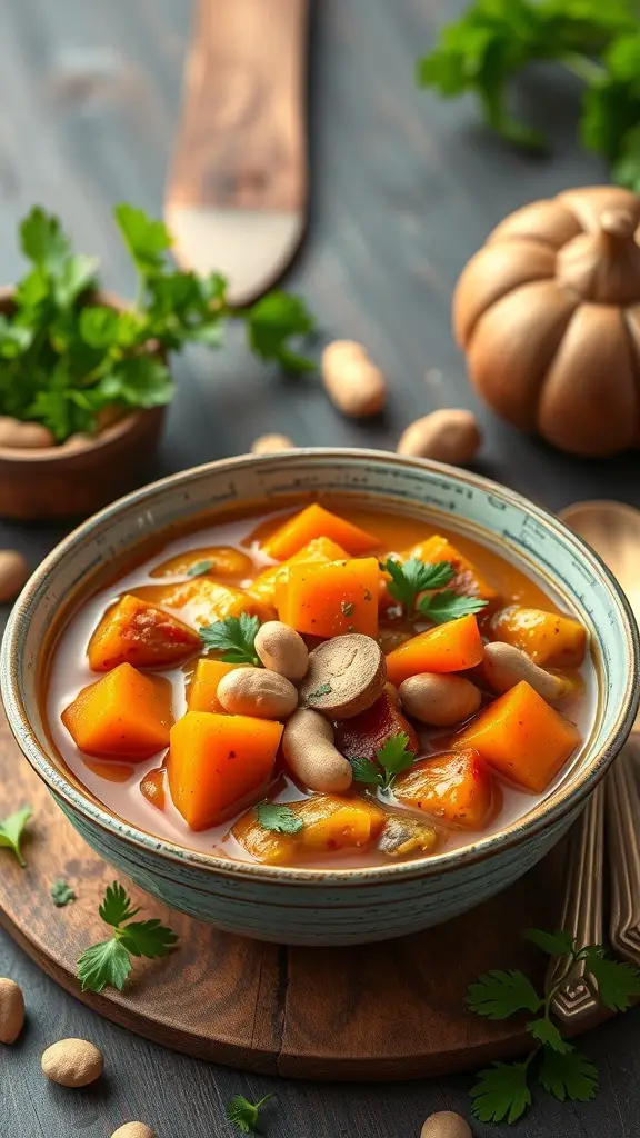 A bowl of Sweet Potato and Peanut Stew with chunks of sweet potatoes and beans, garnished with fresh herbs.