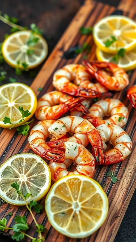 Grilled shrimp on a cedar plank with lemon slices and herbs