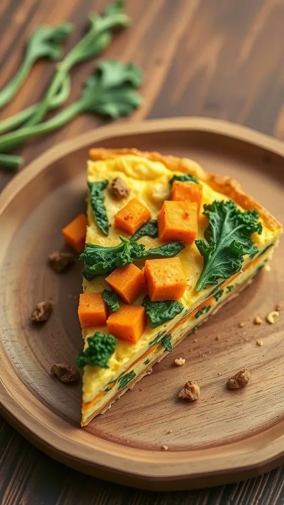 A slice of sweet potato and kale frittata on a wooden plate