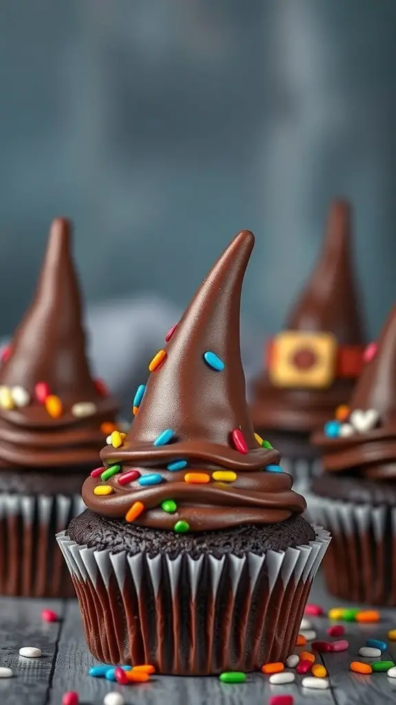 Chocolate cupcakes with chocolate hat decorations and colorful sprinkles