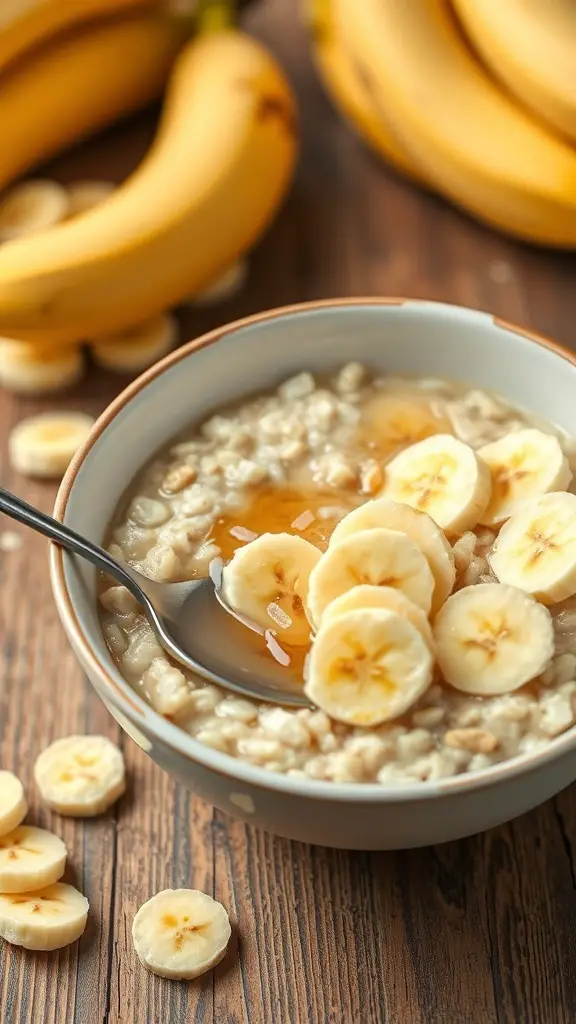 A bowl of banana oatmeal topped with sliced bananas and honey, with bananas in the background.
