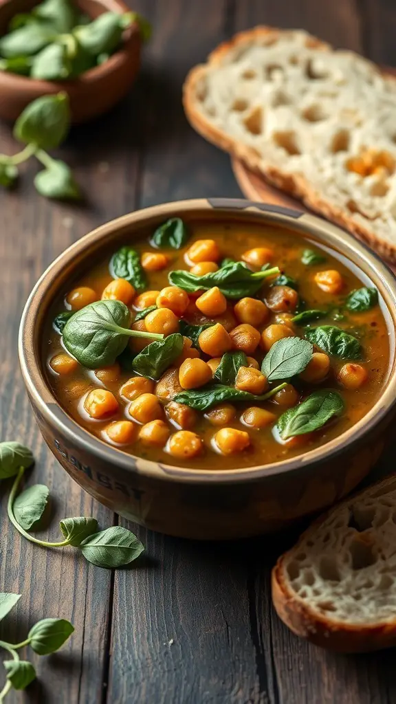 A bowl of chickpea and spinach stew with fresh spinach leaves and slices of bread on the side.