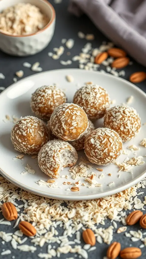 A plate of peanut butter and oat energy balls, surrounded by oats and almonds.