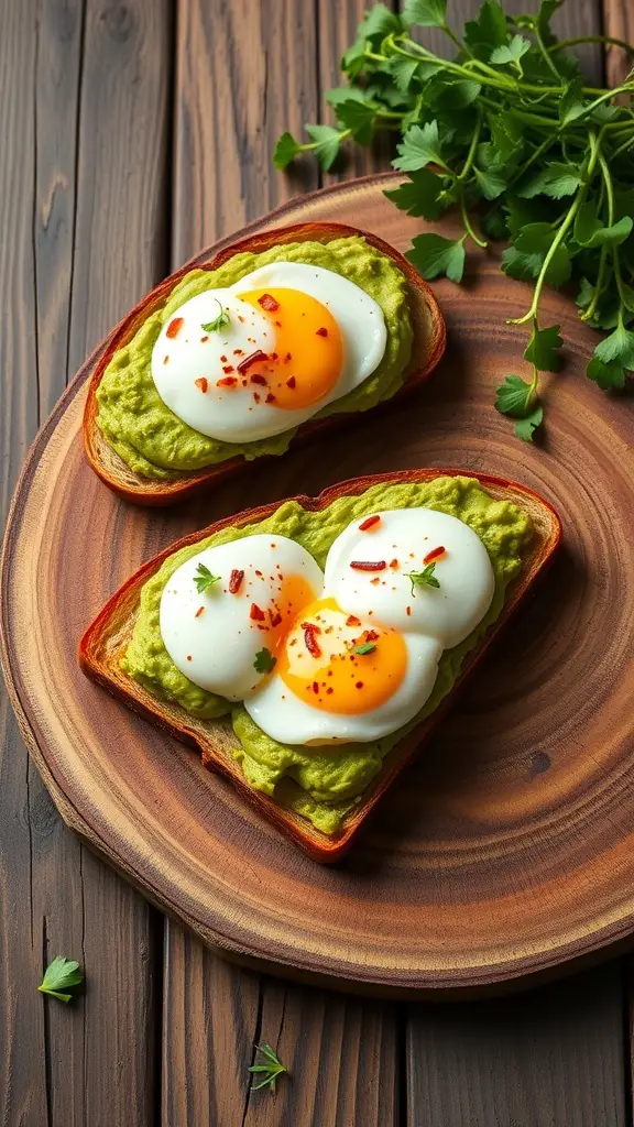 A wooden platter with avocado toast topped with poached eggs, garnished with herbs and red pepper flakes.