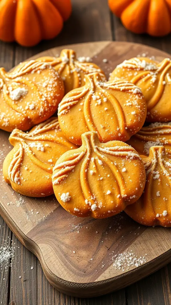 A plate of pumpkin spice sugar cookies shaped like pumpkins, dusted with powdered sugar.