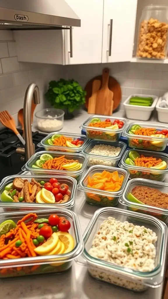 A kitchen counter with various glass containers filled with colorful meal prep ingredients, showcasing a healthy meal prep setup.