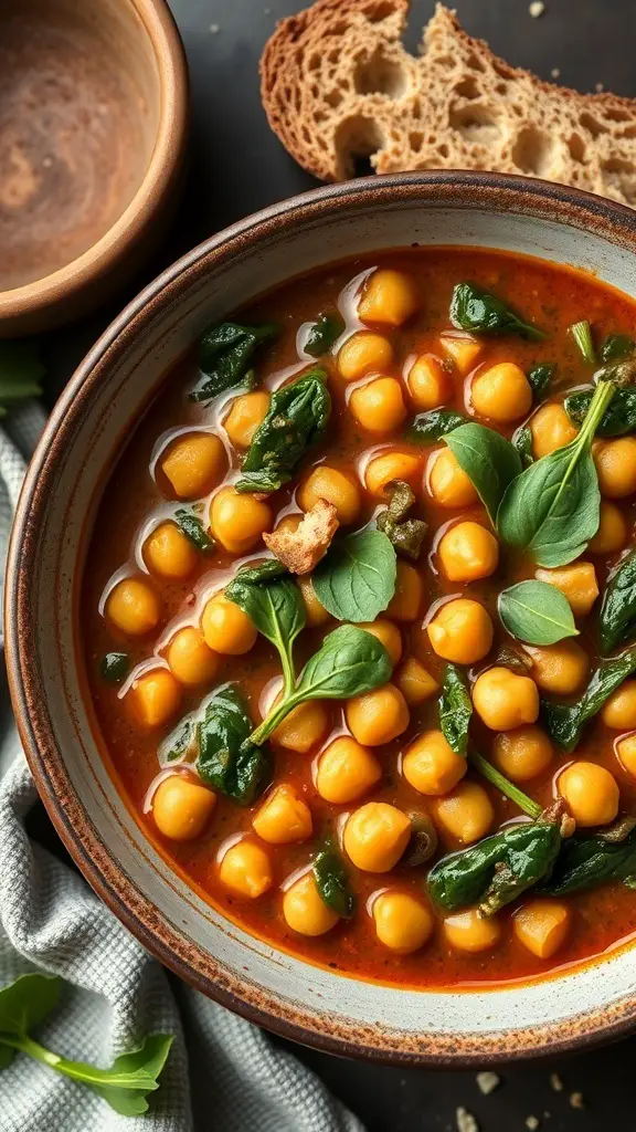 A bowl of chickpea and spinach stew with a slice of bread on the side.