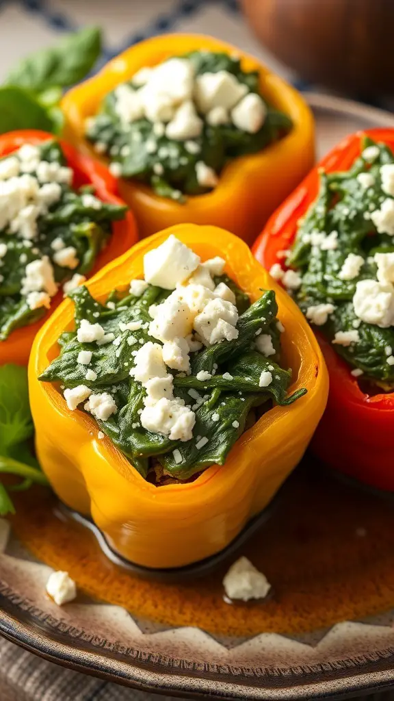 Colorful stuffed peppers filled with spinach and feta cheese