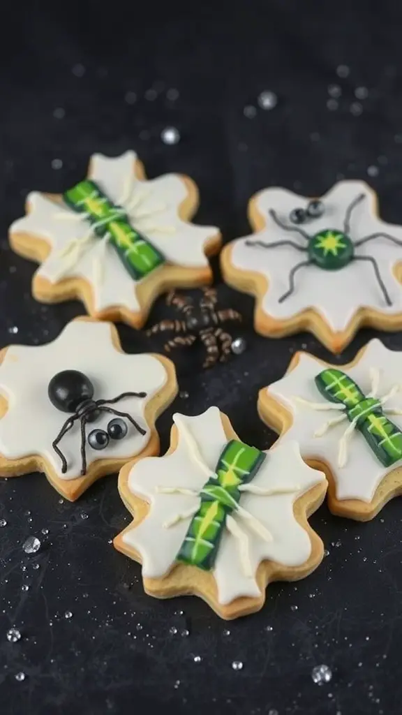 Decorated sugar cookies shaped like snowflakes with bug designs