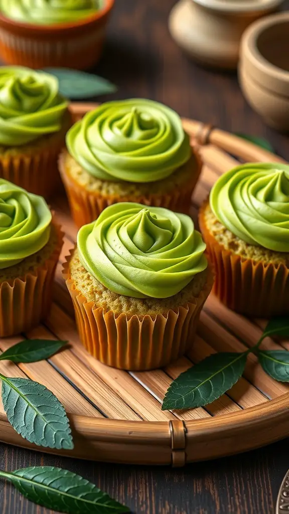 A close-up of matcha green tea cupcakes with green frosting on a wooden platter.