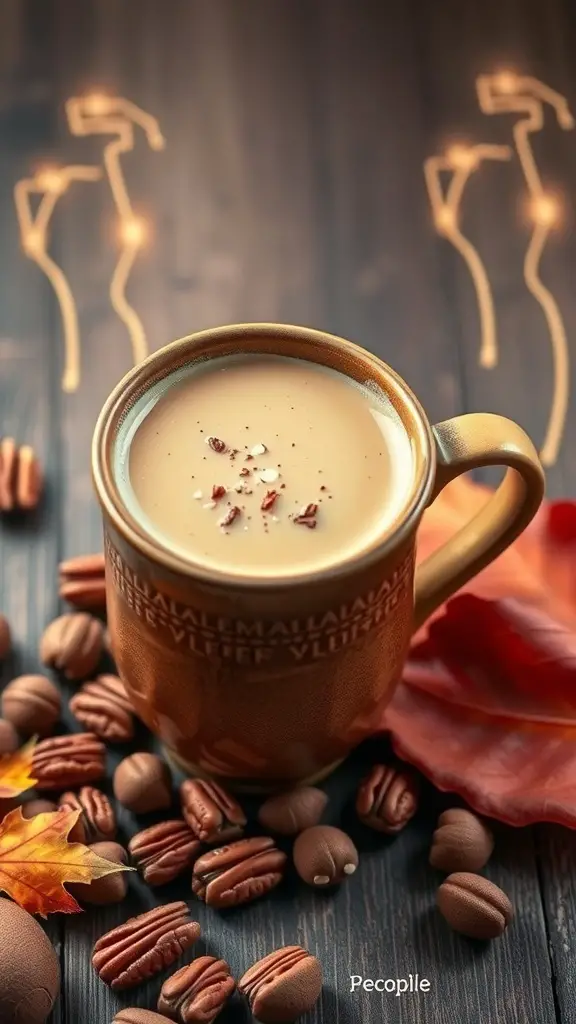 A cozy Maple Pecan Latte surrounded by coffee beans and autumn leaves.