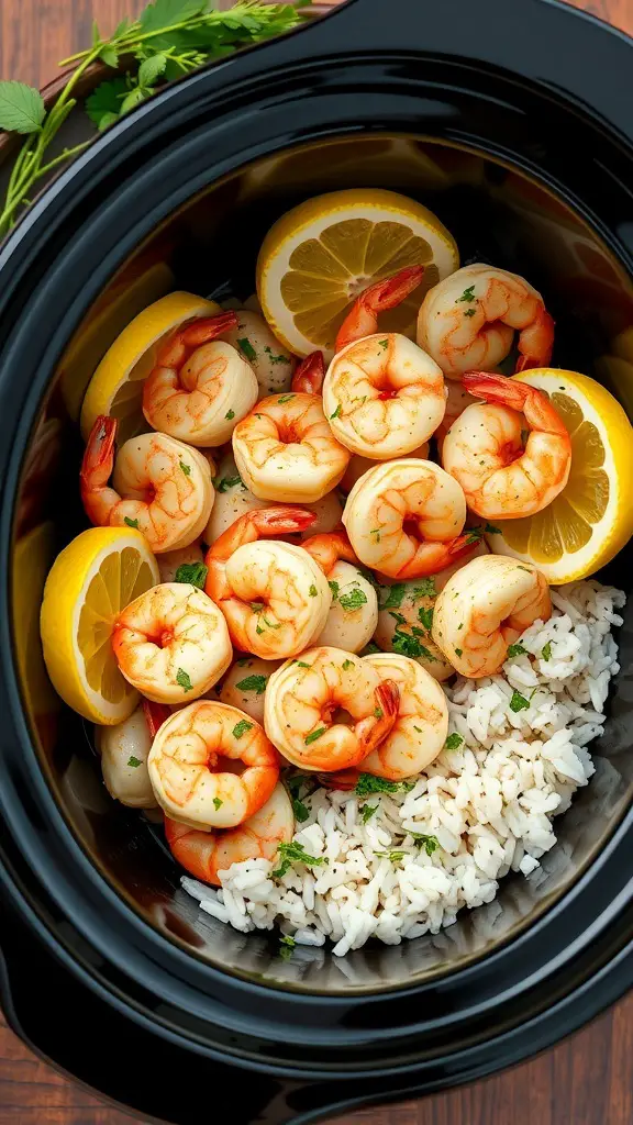 Crock pot with lemon garlic shrimp and rice
