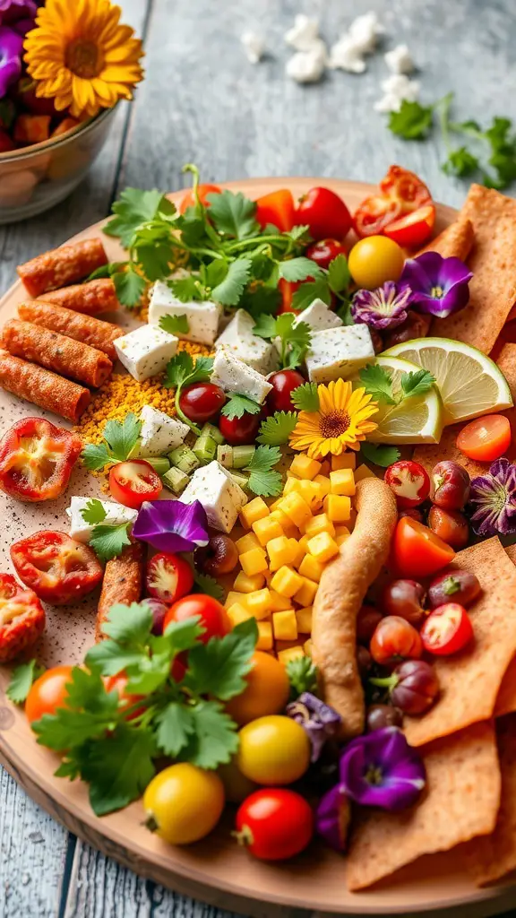 A colorful Mexican charcuterie board featuring garnishes and edible flowers.