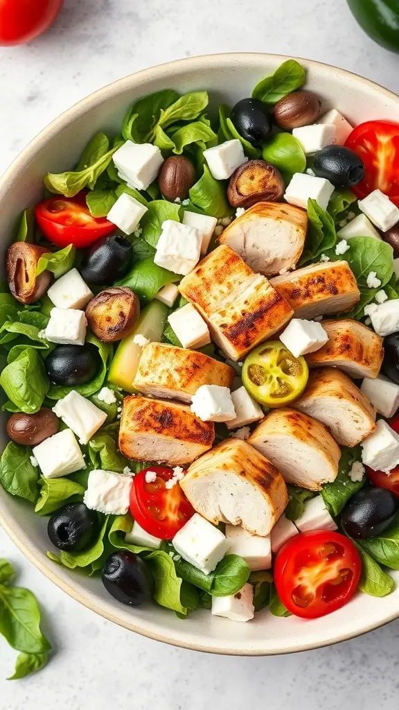 A bowl of Greek salad with grilled chicken, featuring greens, tomatoes, olives, and feta cheese.