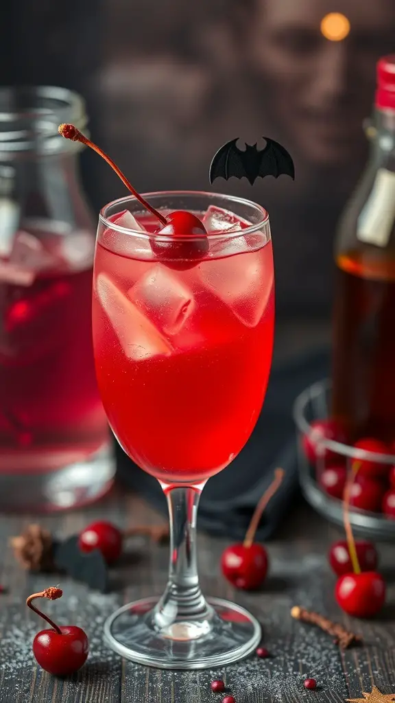 A vibrant red Vampire's Kiss Cherry Spritzer mocktail with ice, a cherry, and a bat stirrer, surrounded by fresh cherries.