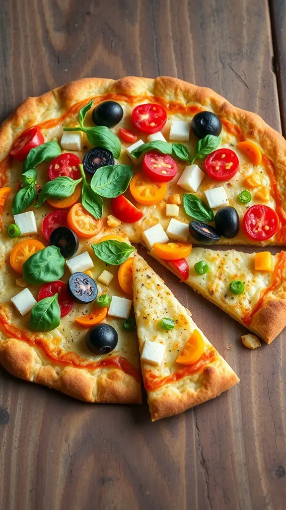 A colorful cauliflower crust pizza topped with cherry tomatoes, olives, and basil on a wooden table.