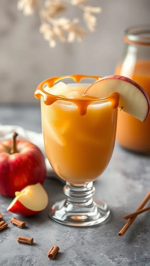A glass of caramel apple punch with a caramel rim, garnished with an apple slice, surrounded by fresh apples and cinnamon sticks.
