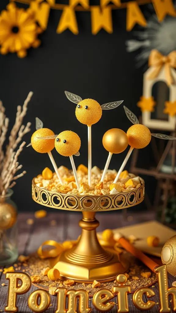 Golden Snitch cake pops displayed on a golden stand with decorative elements
