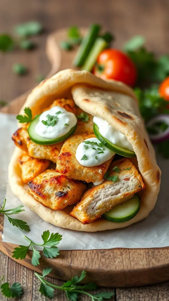 A Mediterranean Chicken Pita filled with grilled chicken, cucumber, and yogurt sauce.
