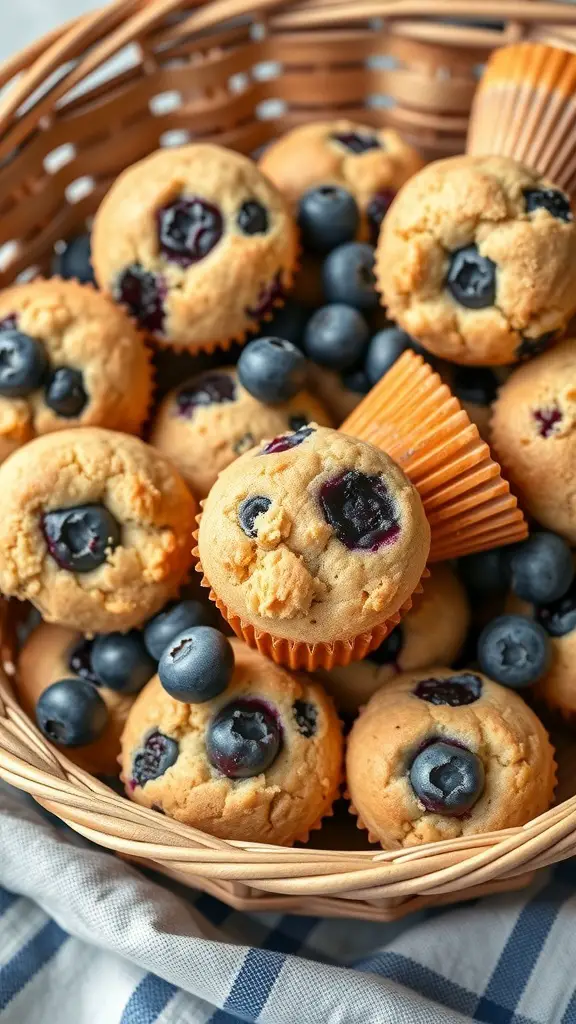 A basket filled with mini blueberry muffins and fresh blueberries.