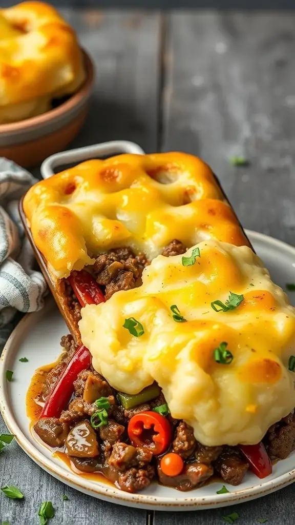 A serving of cottage pie with ground beef, topped with melted cheese and creamy mashed potatoes.