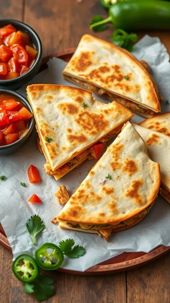 Delicious chicken quesadillas with jalapeños served with fresh salsa.