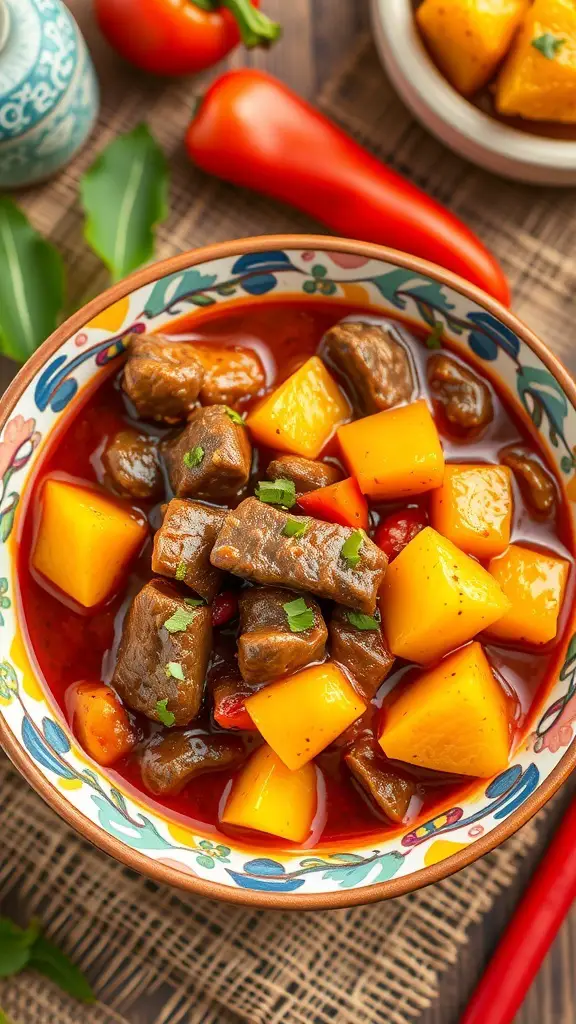 A bowl of sweet and sour beef stew with chunks of beef, potatoes, and red peppers.