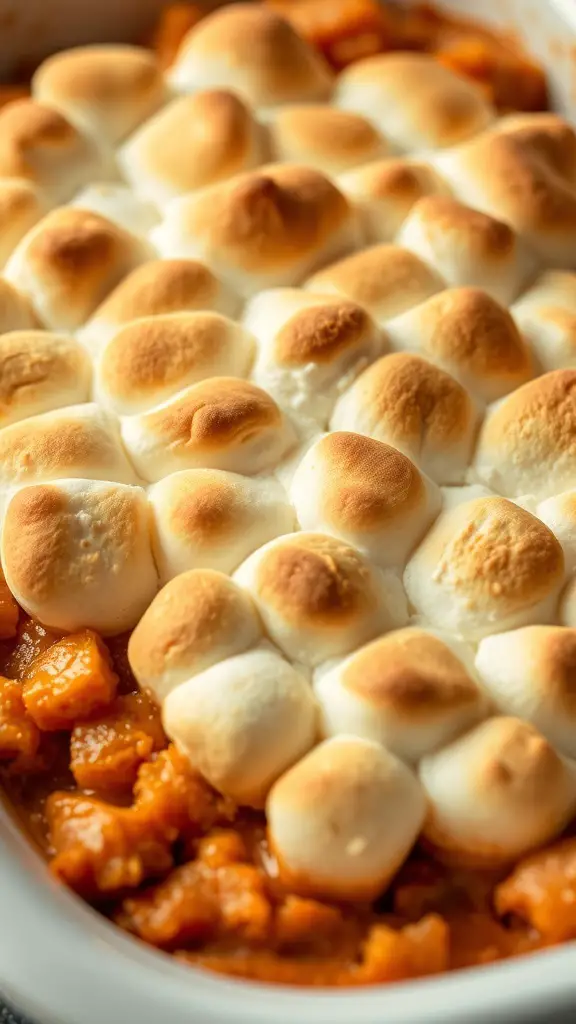 Sweet potato casserole topped with toasted marshmallows