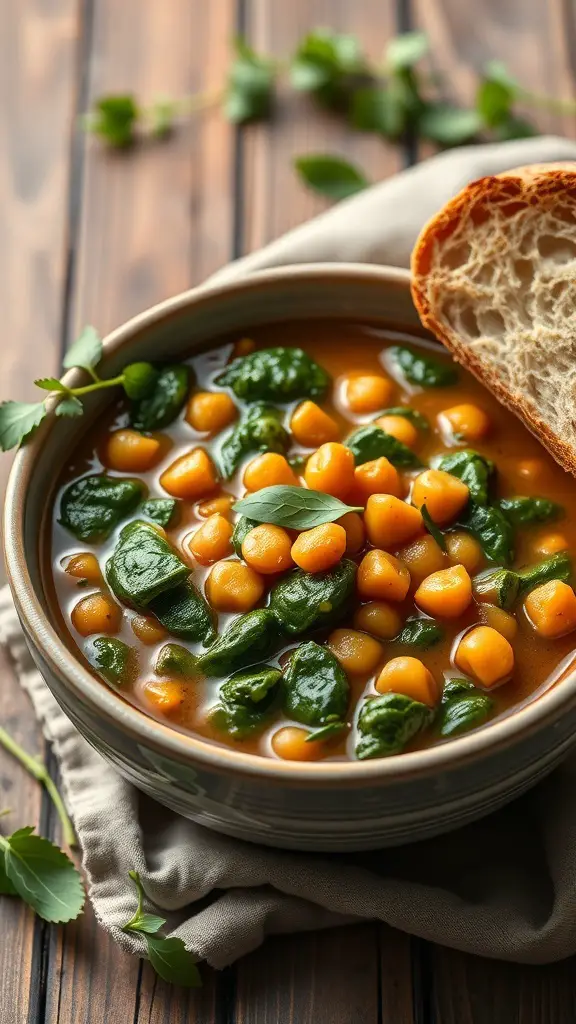 A bowl of chickpea and spinach stew with a slice of bread on the side, set on a wooden table.